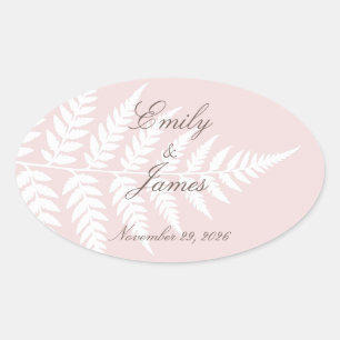 Blush Pink White Fern Refined Woodland Wedding Oval Sticker