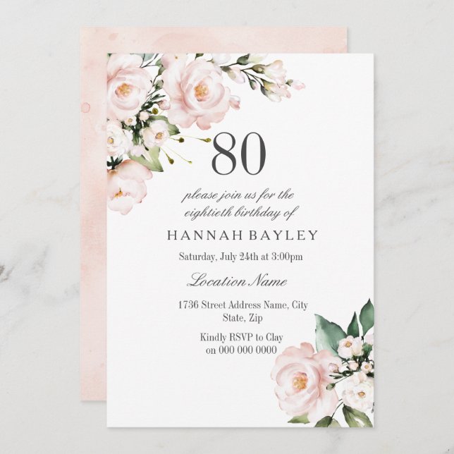 Blush Pink & White Floral 80th Birthday Party Invitation (Front/Back)