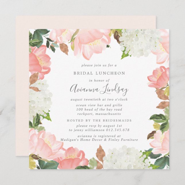 Blush Pink White Floral Bridal Luncheon  Invitation (Front/Back)