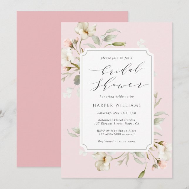 Blush Pink White Floral Bridal Shower  Invitation (Front/Back)