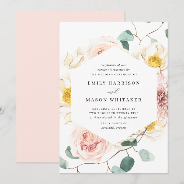 Blush Pink & White Floral Eucalyptus Wedding Invitation (Front/Back)