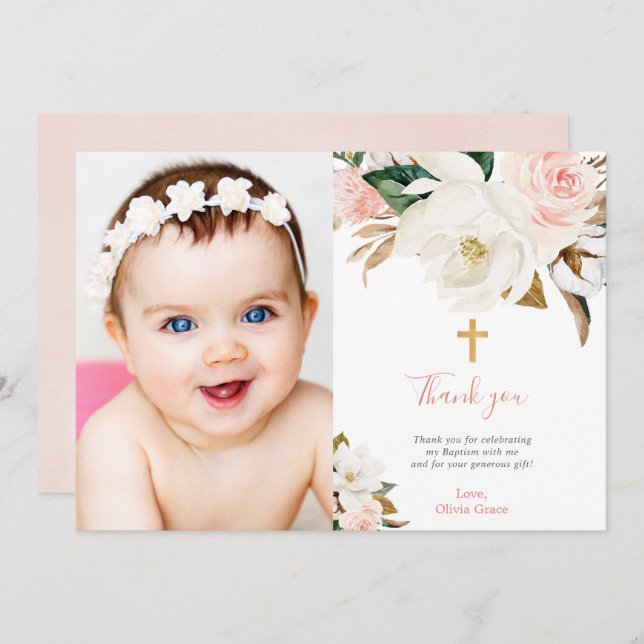 Blush pink white floral girl baptism communion invitation (Front/Back)
