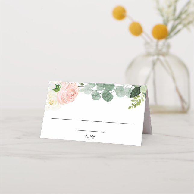 Blush pink white floral greenery elegant place card (Front)