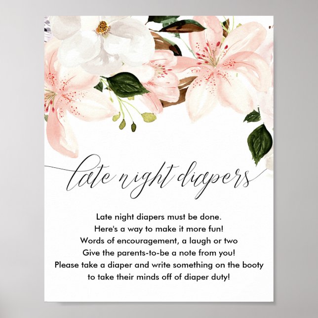 Blush pink white floral Late night diapers sign (Front)
