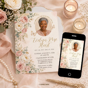 Blush Pink White Floral Photo Funeral Memorial Invitation