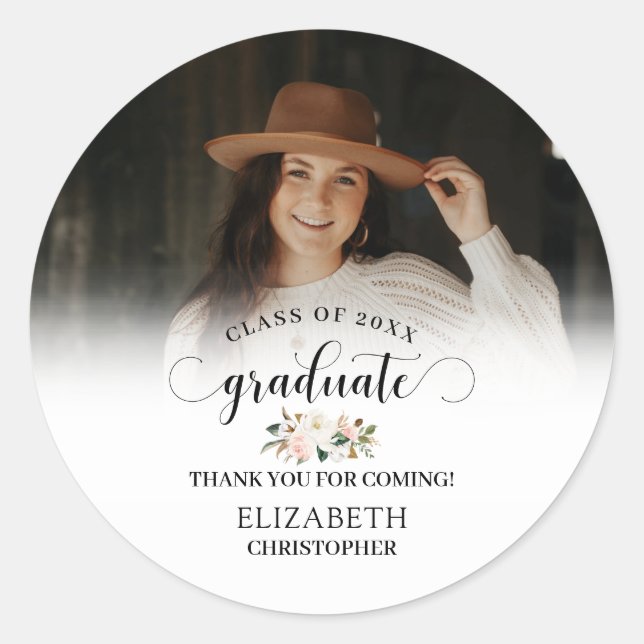 Blush Pink White Floral Photo Graduation Thank You Classic Round Sticker (Front)