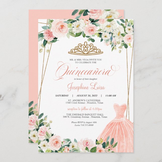 Blush Pink & White Floral Quinceañera Celebration  Invitation (Front/Back)