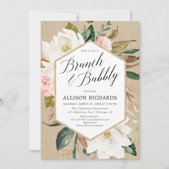 Blush pink white floral rustic brunch bubbly invitation (Front)