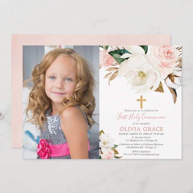Blush pink white floral rustic communion photo invitation (Front/Back)