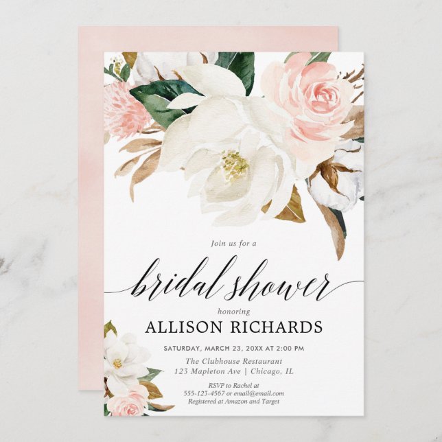 Blush pink white floral rustic fall bridal shower invitation (Front/Back)