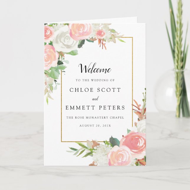 Blush Pink White Floral Wedding Booklet Programme (Front)