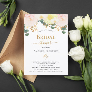 Blush pink white floral yellow bridal shower invitation