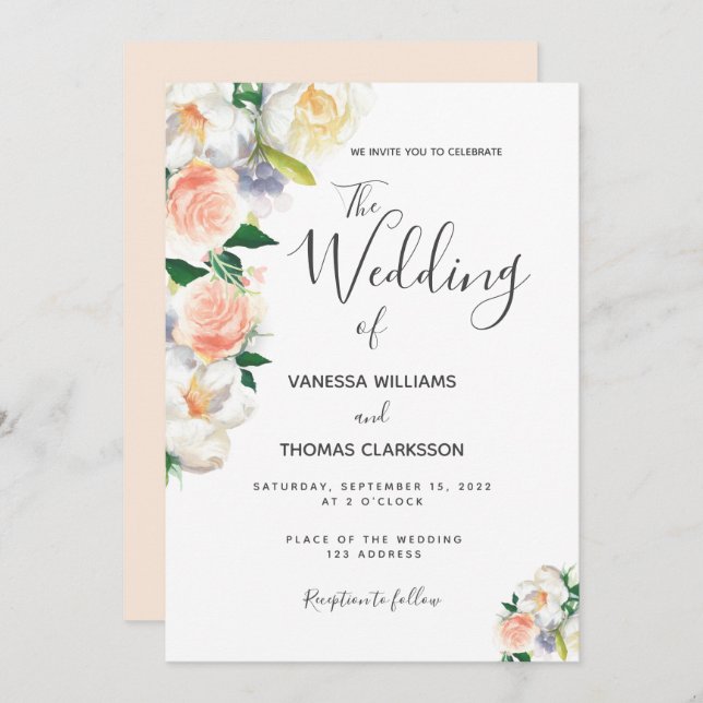 Blush pink white florals elegant wedding invitation (Front/Back)