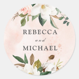 Blush Pink  & White Flowers Watercolor Wedding Classic Round Sticker