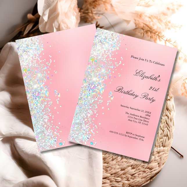 Blush Pink White Glitter Glam Bling 21st Birthday  Invitation (Blush Pink White Glitter 21st Twenty First Birthday Party Invitation)