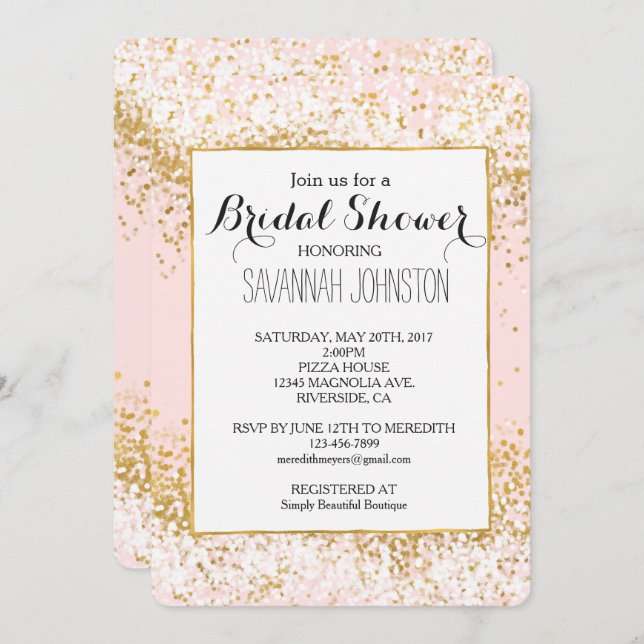 Blush Pink White Gold Confetti bridal shower Invitation (Front/Back)