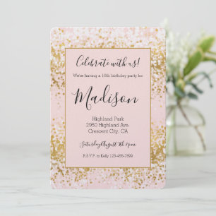 Blush Pink White Gold Confetti Sparkle Birthday Invitation