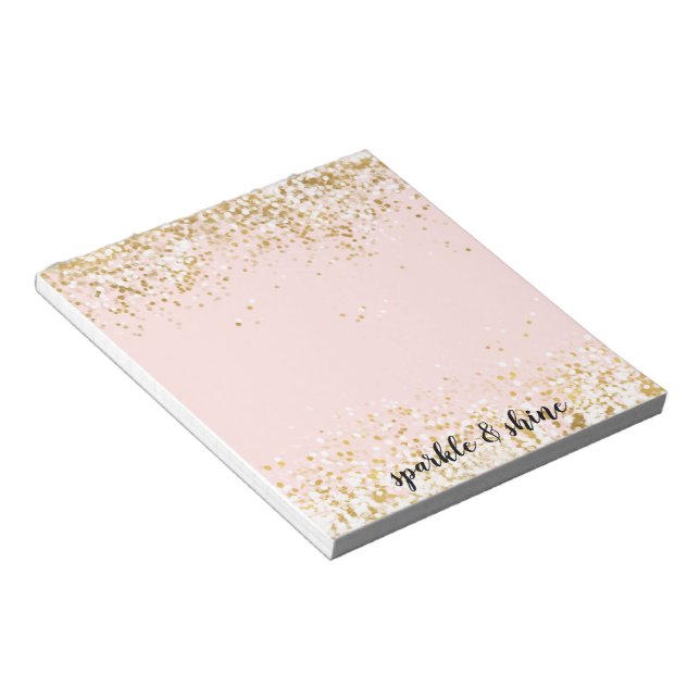 Blush Pink White Gold Confetti Sparkle Notepad (Angled)