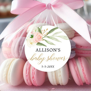 Blush pink white gold floral baby shower stickers