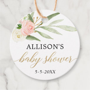 Blush pink white gold floral elegant baby shower favour tags