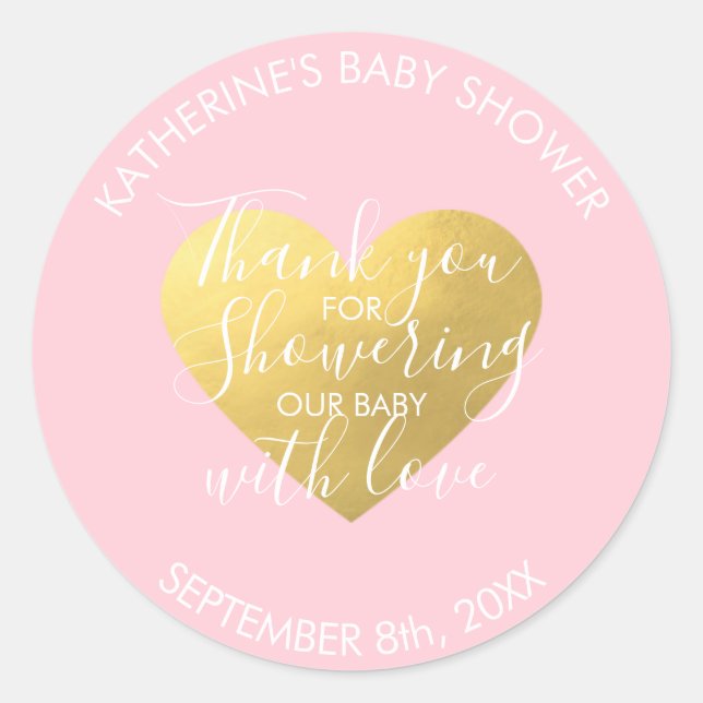 Blush Pink White Gold Foil Heart Baby Shower Classic Round Sticker (Front)
