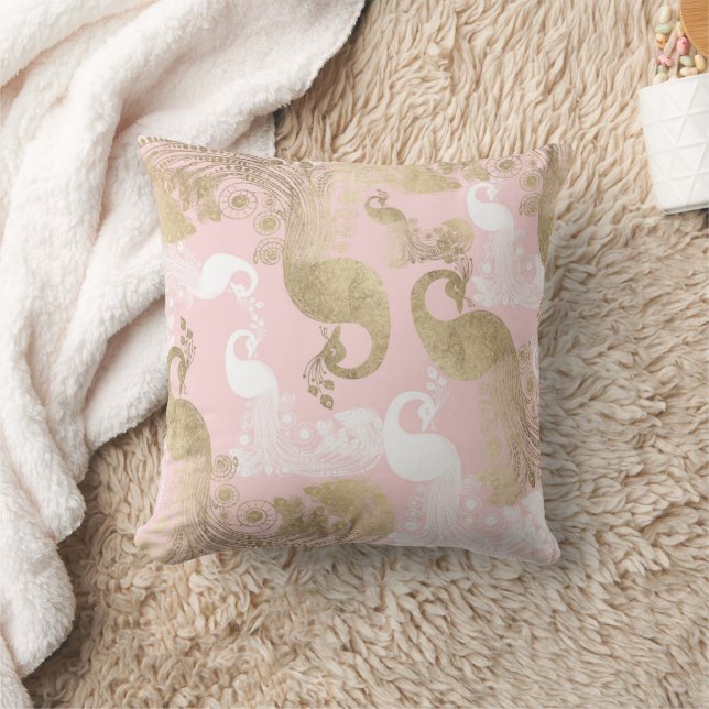 Blush pink white gold royal peacock bird  cushion (Blanket)