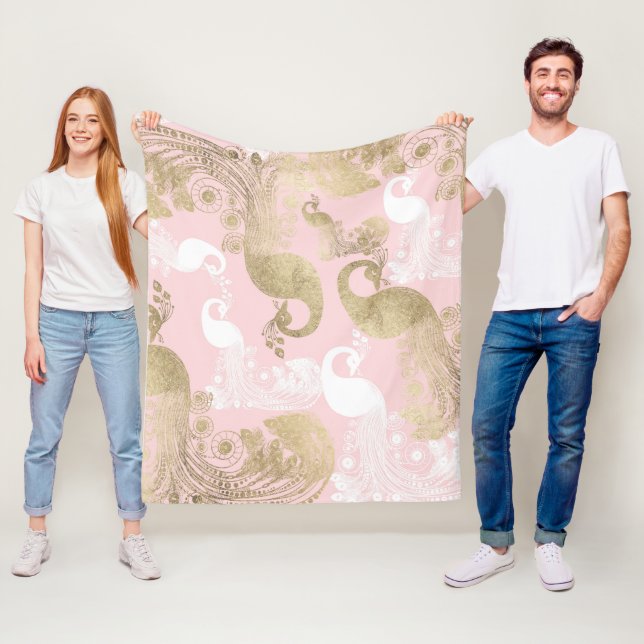 Blush pink white gold royal peacock bird fleece blanket (In Situ)