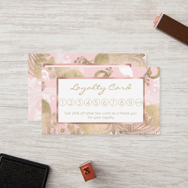 Blush pink white gold royal peacock bird loyalty card (Front/Back In Situ)