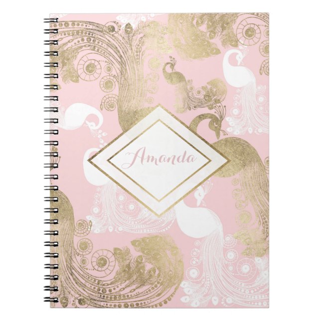Blush pink white gold royal peacock bird  notebook (Front)