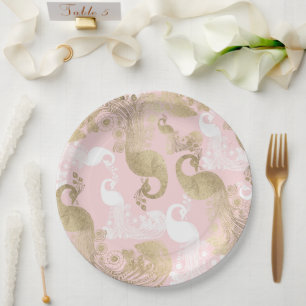 Blush pink white gold royal peacock bird  paper plate