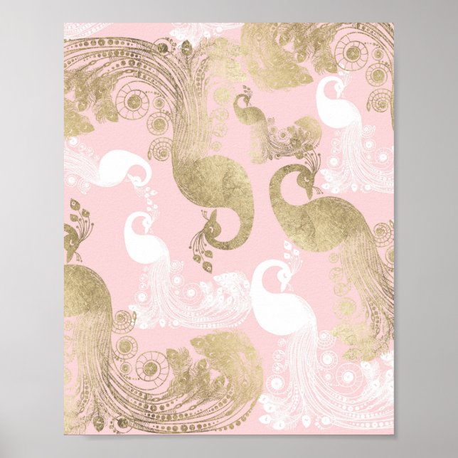 Blush pink white gold royal peacock bird poster (Front)