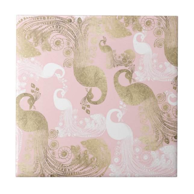 Blush pink white gold royal peacock bird tile (Front)