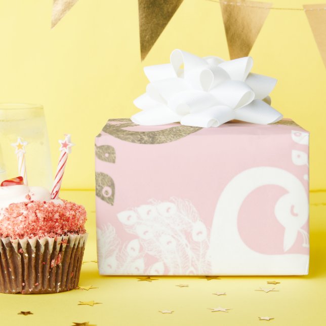 Blush pink white gold royal peacock bird  wrapping paper (Birthday Party)