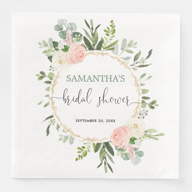 Blush pink white greenery gold floral elegant napkin (Front)