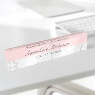 Blush Pink White Grey Marble Elegant Script Nameplate