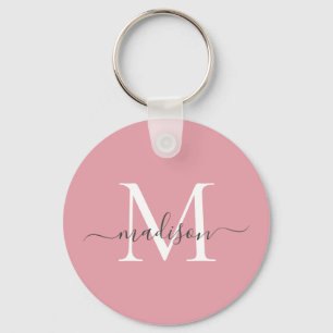 Blush Pink White Grey Monogram Name Girly Script Key Ring