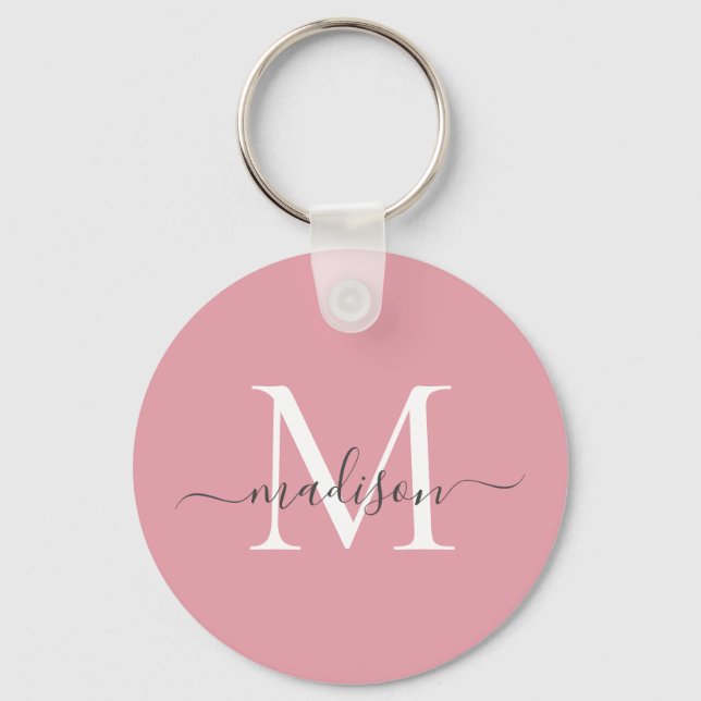 Blush Pink White Grey Monogram Name Girly Script Key Ring (Front)