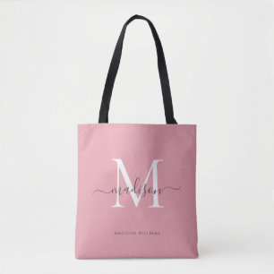 Blush Pink White Grey Monogram Script Name Initial Tote Bag
