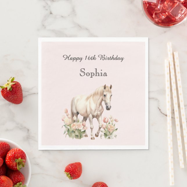 Blush Pink White Horse Tulips Birthday Napkin (Insitu)