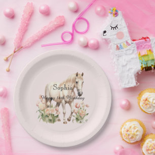 Blush Pink White Horse Tulips Birthday Paper Plate