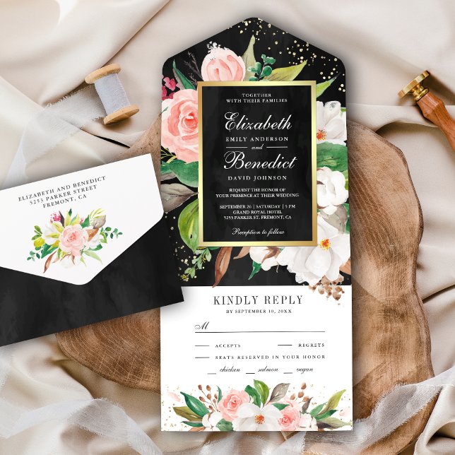 Blush Pink White Magnolia Floral Black Wedding All In One Invitation (Creator Uploaded)