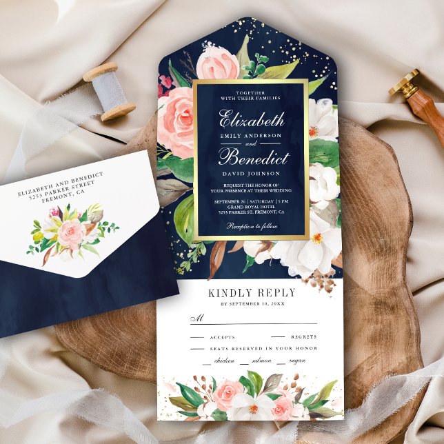 Blush Pink White Magnolia Floral Navy Blue Wedding All In One Invitation (Creator Uploaded)