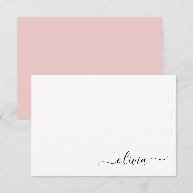 Blush Pink White Modern Script Girly Monogram Name Thank You Card (Front/Back)