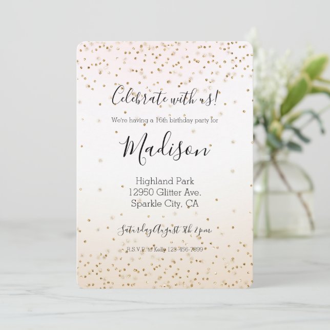 Blush Pink White Peach Ombre Gold Confetti   Invitation (Standing Front)