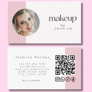 Blush Pink White Photo MUA QR Code Social Icons  Business Card
