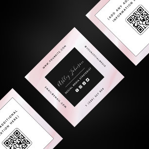 Blush Pink & White QR Code Social Media Modern Square Business Card