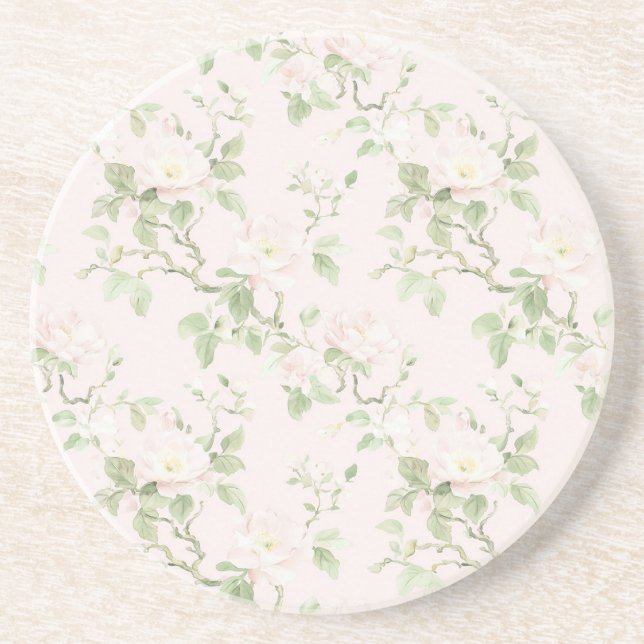 Blush Pink White Romantic Floral  Coaster (Front)