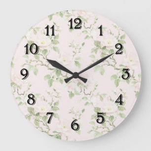 Blush Pink White Romantic Floral Large Clock