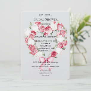 Blush Pink White Rose Floral Heart Bridal Shower Invitation