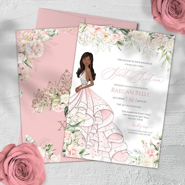 Blush Pink White Roses Elegant Glam Sweet Sixteen Invitation (Creator Uploaded)
